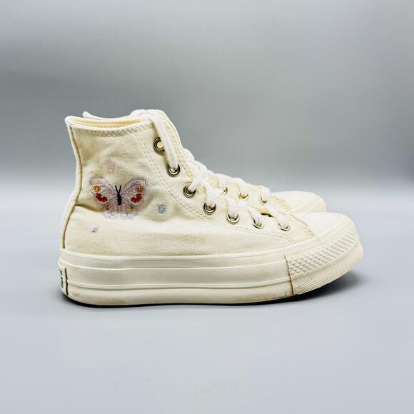 Converse Shoes Womens 6 Beige All Star Platform Butterfly Embroidered High Top - Picture 1 of 12